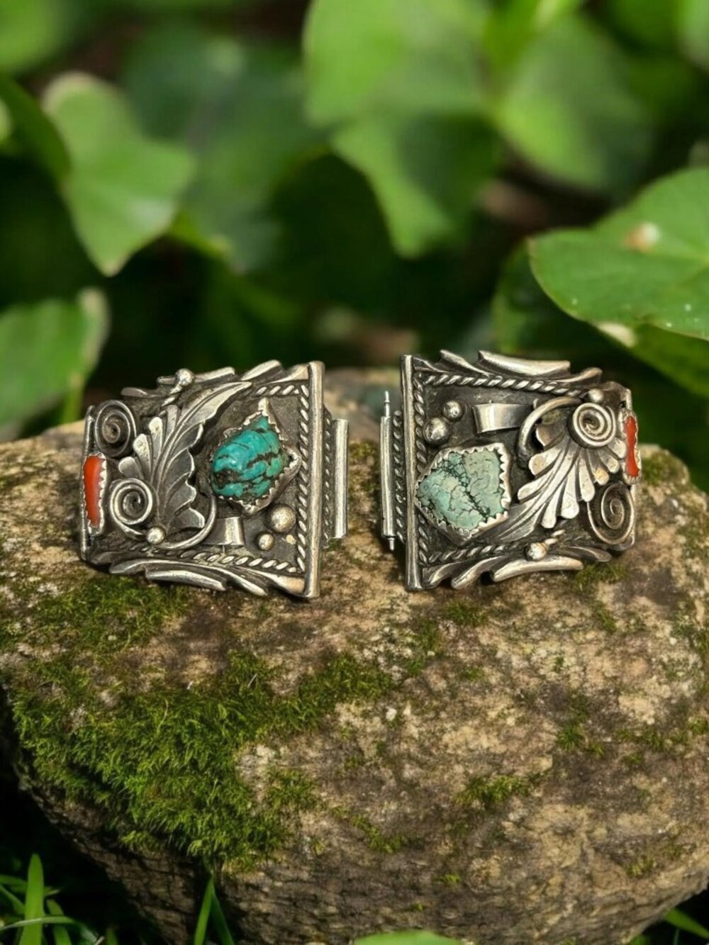 Navajo‎ Sterling Silver Turquoise and Coral Watch Band Tips by Ahasteen